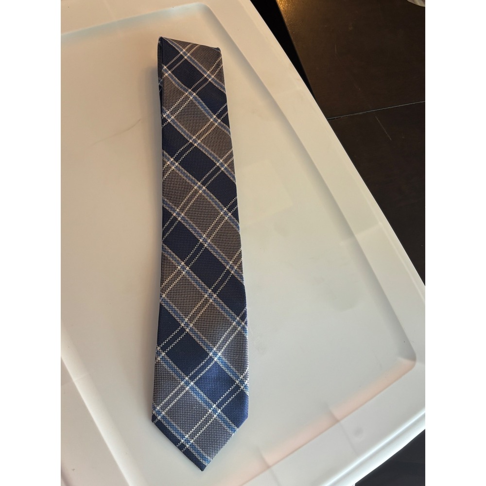 Nautica Mens Plaid Silk Blend Necktie Navy Blue Grey White Check Tie